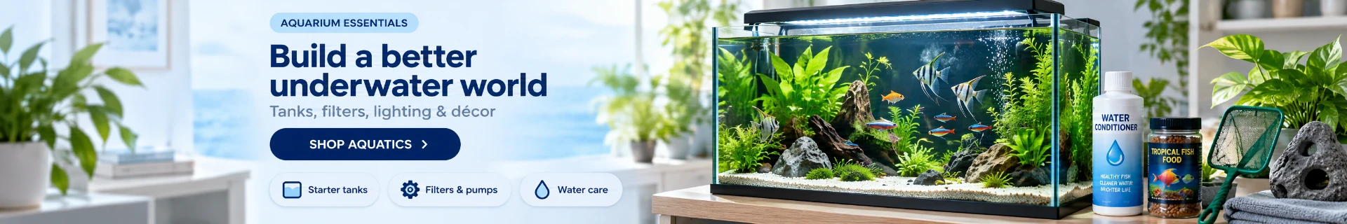 A planted home aquarium with tropical fish, filters and water care supplies